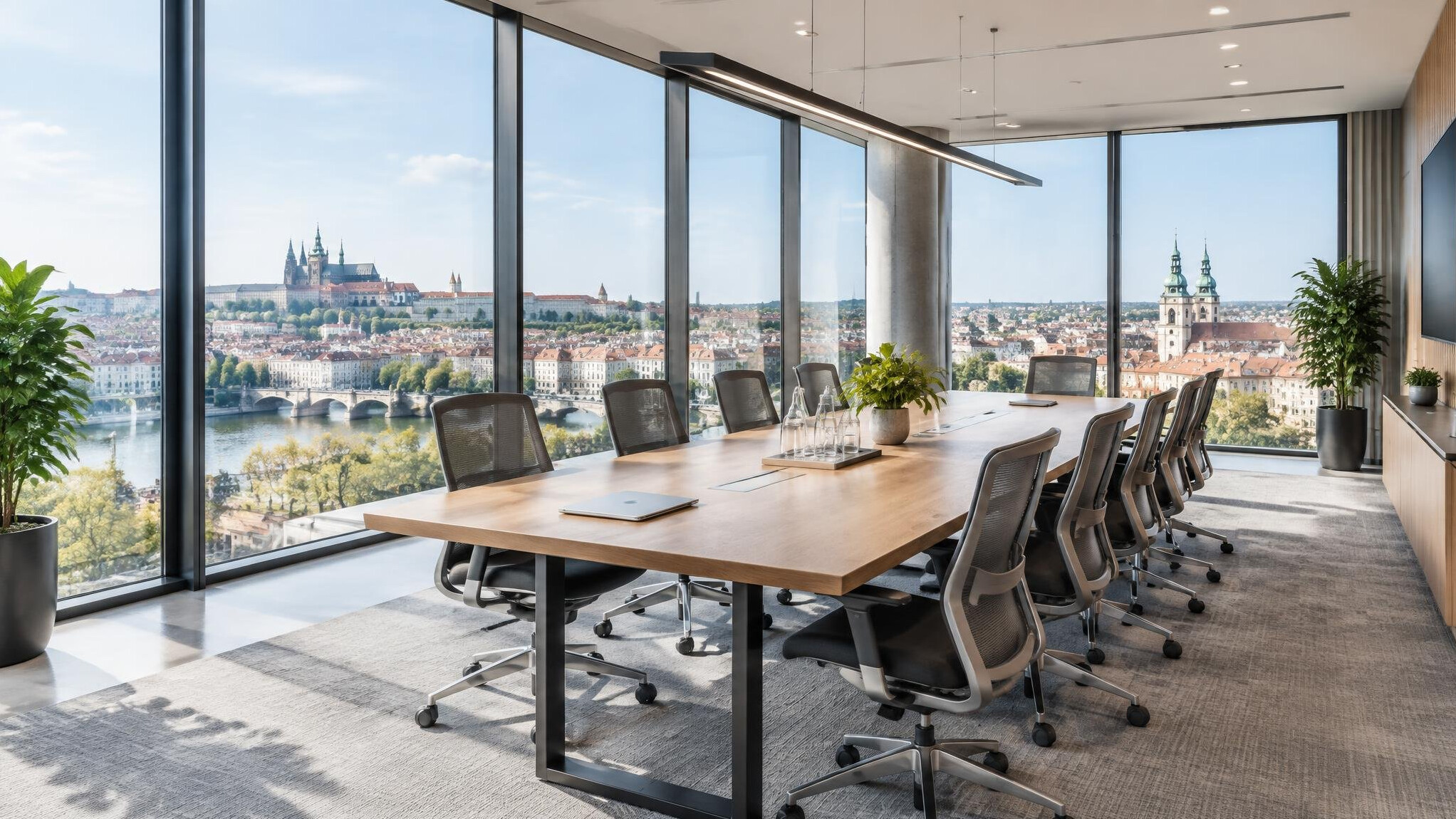 Bright modern meeting room with large windows and a long table